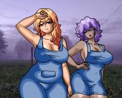 2girls brown_eyes chetoh cleavage clothed clothed_female dark_skinned_female farmer's_tan female female_focus female_only freckles freckles_on_face hair humanized lavander_hair looking_at_viewer matching_hair_and_eye_color oc original original_character original_characters overalls photo_background poppy_(chetoh) purple_eyes sideboob smile smiling smiling_at_viewer tanned tanned_female tanned_skin yellow_hair