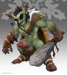 abs anthro balls biceps bodily_fluids claws genital_fluids genitals goblin green_body green_skin hi_res humanoid humanoid_pointy_ears lustful_desires male muscular muscular_anthro muscular_male nails narram nipples pecs penis precum sharp_nails solo vein veiny_penis