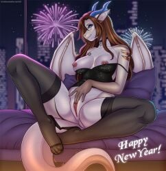 anthro anus blue_eyes blue_horn bottomless bottomless_anthro bottomless_female breasts brown_hair building city clothed clothing dragon eyelashes female fireworks footwear front_view genitals hair hi_res high_heels holidays horn inside kitsunewaffles-chan legwear membrane_(anatomy) membranous_wings mythological_creature mythological_scalie mythology new_year night nipples non-mammal_breasts non-mammal_nipples pantyhose partially_clothed presenting presenting_pussy pussy scalie shoes skyscraper smile solo tail thigh_highs tonilyn wings