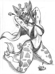 2010 avencri breasts cape crab ear_piercing earring female front_view giraffe hooves kneeling monochrome piercing posing solo swimwear tail