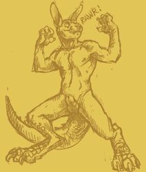 1boy anthro dinosaur hybrid kangaroo male male_only marsupial monochrome pose scalie sheath sketch solo ssirrus t-rex testicles