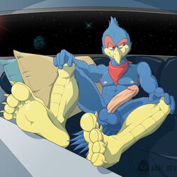 abs anthro anti_dev armpit_hair avian balls bandana biceps big_penis falco_lombardi feet foot_fetish foot_focus furry grin male male_only muscles no_humans pecs penis pheasant pillow reclining retracted_foreskin sofa solo space star_fox toned uncut vein video_games