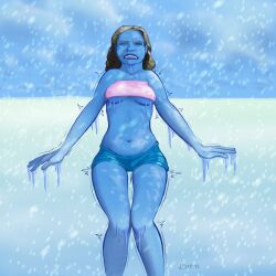 1girls barely_clothed blizzard blue_lips blue_skin boobs clenched_teeth closed_eyes clothed cold cold_fetish crop_top featheredllama female_only freezing frozen goosebumps hard_nipples ice icicle knees_together outdoors peril shivering short_shorts shorts snow torment underboob winter