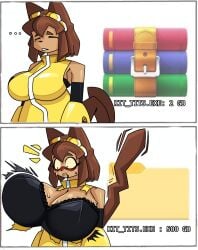 1girl 1girls 2koma animal_humanoid bare_shoulders big_breasts blush bouncing_breasts bra breast_expansion breasts brown_hair busty cat_girl catgirl cleavage clothed clothed_female clothing dark_skin detached_sleeves feline gameoverse huge_breasts kit_(gameoverse) kit_bodega large_breasts phoggy_pho short_hair torn_clothes