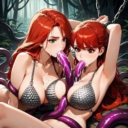 ai_generated blowjob boobjob chained chainmail_bikini chains cum cum_on_breasts fellatio green_eyes kasumi_yoshizawa long_hair marvel marvel_comics paizuri persona persona_5 ponytail red_eyes red_hair red_sonja restrained sumire_yoshizawa tentacle titjob