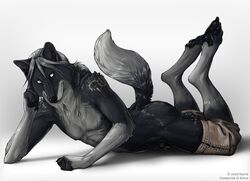 1boy anthro balls black_nose canine fur furry grey_hair hair kaji looking_at_viewer male male_only nipples ponytail sheath shorts solo tattoo tied_hair topless wallpaper white_eyes wold wolf