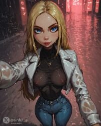 ai_generated aisinful blonde_hair breasts covered_nipples daddy daddy_kink female hi_res long_hair medium_breasts public see-through see-through_clothing selfie tara_markov teen_titans wet wet_clothes