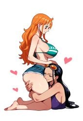 2girls ai_generated arms_around_partner big_ass big_breasts big_butt bikini blush blushing_female blushing_profusely bubble_ass bubble_butt cleavage cuddling deep_cleavage duo duo_female female female_only hand_on_another's_ass hand_on_ass heart huge_ass huge_breasts hugging_another hugging_another's_leg hugging_partner large_breasts lovers massive_breasts nami narrow_waist nico_robin one_piece self_upload sweatdrop sweating sweaty sweaty_body sweaty_breasts sweaty_butt thick_thighs white_background wide_hips yeetyboi5000 yuri yuri