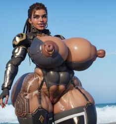 3d ai_generated armor curvy dark-skinned_female huge_breasts huge_nipples pubic_hair sharen_julicia the_first_descendant voluptuous