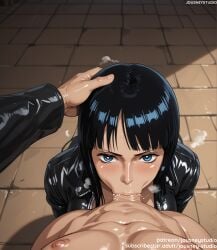 1boy :>= ai_generated bangs black_hair black_jacket blue_eyes blush breasts clothing deepthroat english_text fellatio female female hand_on_another's_head indoors irrumatio jacket jousneystudio large_breasts leather leather_jacket light-skinned_female lips long_hair looking_at_viewer male male_pov nico_robin nipples nude one_piece oral penis semen semen_in_mouth short_hair solo_focus straight sweat text veins