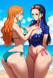 2girls ai_generated beach big_ass big_breasts big_butt bikini blush blushing_female blushing_profusely boob_grab breasts_to_breasts breasts_touching breath bubble_ass bubble_butt cleavage deep_cleavage dripping duo duo_female female female_only grabbing_another's_breast hand_on_another's_chest huge_ass huge_breasts large_breasts massive_breasts nami narrow_waist nico_robin one_piece open_mouth posing posing_for_the_viewer seductive seductive_look seductive_smile self_upload sweatdrop sweating sweaty sweaty_body sweaty_breasts sweaty_butt thick_thighs wide_hips yeetyboi5000 yuri yuri