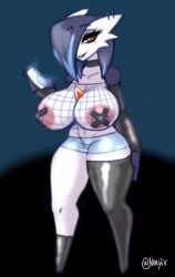 alternative_fashion arm_warmers armwear beatrix_(nickzilla) blue_hair border bottomwear breasts clothing collar color_swatch dark_lipstick elbow_gloves electronics eyeshadow female fishnet_clothing fishnet_legwear fishnet_shirt fishnet_topwear gardevoir generation_3_pokemon gloves goth hair handwear hi_res hotpants humanoid jewelry legwear makeup markings metal mole_(marking) neayix nintendo nipple_tape orange_eyes pasties phone piercing pokemon pokemon_(species) pokemon_only punk purple_background purple_body shiny_pokemon shirt short_hair shorts simple_background smile smiling_at_viewer solo stockings tape thigh_highs topwear white_body white_border wide_hips