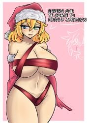 1boy 1girls big_breasts blowjob blue_eyes blush christmas christmas_hat christmas_headwear christmas_outfit el_diario_de_jonathan elbow_gloves female female_focus gloves green_eyes heterochromia jayden_murtons jonathan_almendair male nosebleed nude nude_female petina petoart ribbon short_hair spanish_text