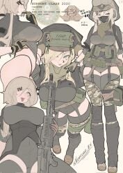 1girls anime_style ass blonde_hair flat_stomach g_string gaiters helmet human looking_at_viewer m60 military_uniform multicolored_eyes neptune_zx seductive_look tactical_gear thighhighs undressing weapon