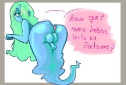 blue_body femboy flying ghost ghost_boy green_hair intangibility lulugo oc original_character showing_ass showing_penis trap