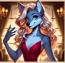 ai_generated anthro blonde_hair blue_eyes cocktail_dress painted_fingernails smiling_at_viewer wolf_girl