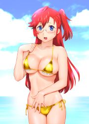 adjusting_clothes adjusting_swimsuit ano_natsu_de_matteru bare_shoulders bikini blue_eyes blush breasts cleavage cloud cloudy_sky commentary_request day female glasses golden_bikini large_breasts long_hair looking_at_viewer micro_bikini navel one_side_up open_mouth red_hair shiny shiny_skin side-tie_bikini skindentation sky solo sweatdrop swimsuit takatsuki_ichika ueyama_michirou underboob water yellow_bikini