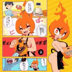 accident almost_naked almost_nude animated big_breasts breasts burning cash cash_register cashier coins eyelashes eyeshadow faceless_male female fire fire_hair gashi-gashi gif happy japanese_text mistakes_were_made sad shopping uejini worried worried_expression