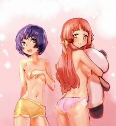 2girls ano_natsu_de_matteru ass blue_hair bow_(bhp) breasts brown_hair commentary_request covering covering_breasts flat_chest green_eyes highres kitahara_mio long_hair looking_back medium_breasts multiple_girls navel open_mouth panties pink_panties short_hair side-tie_panties sideboob small_breasts stuffed_animal stuffed_toy tanigawa_kanna topless underwear yellow_eyes