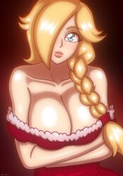 1girls arms_crossed arms_crossed_under_breasts arms_under_breasts beg4cake big_breasts blonde_hair blue_eyes braided_hair braided_ponytail breasts dress female female_only hair_over_one_eye huge_breasts looking_at_viewer low_cut_dress low_cut_top mario_(series) nintendo princess_rosalina red_dress