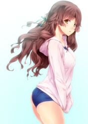 ano_natsu_de_matteru ass blush brown_eyes brown_hair commentary_request competition_school_swimsuit female hair_ribbon hands_in_pockets highres hood hooded_jacket hoodie jacket kitahara_mio long_hair looking_at_viewer matsukawa_(pale_scarlet) one-piece_swimsuit open_mouth ribbon school_swimsuit sidelocks simple_background solo swimsuit swimsuit_under_clothes twisted_torso