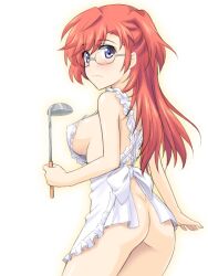 ano_natsu_de_matteru apron ass blue_eyes breasts commentary_request female glasses long_hair masakichi_(crossroad) medium_breasts naked_apron red_hair sideboob solo takatsuki_ichika