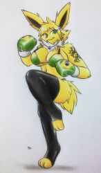 1girls big_breasts big_ears bikini black_stockings black_thighhighs boxing boxing_gloves bra brazilian_flag_bikini brazilian_flag_boxing_gloves breasts cleavage clothing eeveelution eyebrows_visible_through_hair female female_only furry gloves green_eyes jolteon leg_lift looking_at_viewer necklace nintendo open_toe_stockings open_toe_thighhighs pokémon_(species) pokemon solo tail tattoo the_k9_team thick thick_hips thick_thighs traditional_media_(artwork) white_background white_fur wide_hips yellow_fur yellow_hair