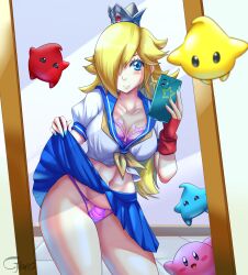 abs blonde_hair blue_eyes bra cjhomics female fit_female hair_over_one_eye kirby kirby_(series) long_hair luma mario_(series) mirror nintendo painted_nails panties phone pink_bra pink_panties princess_rosalina school_uniform skirt skirt_lift