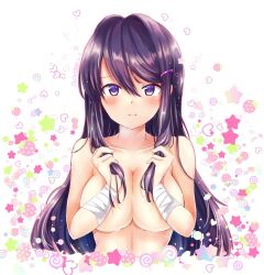 1girls arms_covering_nipples bandaged_arm bandages blush breasts cleavage cute cute_expression cute_face doki_doki_literature_club female flustered green_stars hair_covering_breasts heart looking_at_viewer naked nude pink_hearts pink_star purple_eyes purple_hair smiling smiling_at_viewer solo stars strawberries strawberry swirl swirls top_half wholesome yuri_(doki_doki_literature_club)