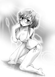 all_fours ano_natsu_de_matteru arino_hiroshi bikini breasts cleavage commentary_request dutch_angle female glasses greyscale large_breasts long_hair monochrome photoshop_(medium) solo swimsuit takatsuki_ichika