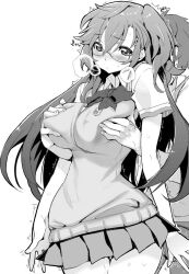 ano_natsu_de_matteru blush breast_grab breast_grab_from_behind breast_squeeze breasts female glasses grabbing_from_behind greyscale hyocorou large_breasts long_hair monochrome skirt solo sweater_vest takatsuki_ichika