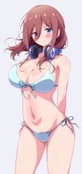 1girls absurdres arms_behind_back bikini blue_bikini blue_eyes blush breasts brown_hair cleavage closed_mouth collarbone eggman_(pixiv28975023) embarrassed eyes_visible_through_hair female go-toubun_no_hanayome grey_background hair_between_eyes halterneck headphones headphones_around_neck highres large_breasts looking_at_viewer medium_hair nakano_miku navel shy side-tie_bikini_bottom simple_background solo standing stomach string_bikini swimsuit thighs