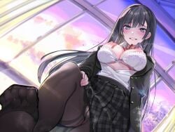 black_hair black_jacket black_pantyhose black_skirt blazer blue_eyes blush bra bra_pull breasts clothes_pull collared_shirt feet female frilled_bra frills hayakawa_akari jacket long_hair looking_at_viewer looking_down nipples open_clothes open_shirt original panties panties_under_pantyhose pantyhose pleated_skirt red_ribbon ribbon school_uniform shirt skirt soles solo sweat sweatdrop thighband_pantyhose toes tree underwear white_bra white_shirt window