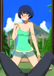 :q ano_natsu_de_matteru bare_shoulders blue_eyes blue_hair blush cloud commentary_request daniel_(artist) day female fence highres kneeling panties short_hair short_shorts shorts sky strap_slip striped striped_panties tanigawa_kanna tongue tongue_out underwear undressing unzipped you_gonna_get_raped