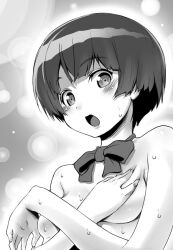 ano_natsu_de_matteru breasts commentary_request covering covering_breasts female greyscale medium_breasts monochrome nanakagi_satoshi short_hair solo surprised tanigawa_kanna topless