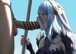 1boy :>= azura_(fire_emblem) azura_(performing_arts)_(fire_emblem) blue_hair censored erection fellatio female fingerless_gloves fire_emblem fire_emblem_fates fire_emblem_heroes gloves headdress jornyhail official_alternate_costume open_mouth oral penis pubic_hair staff sucking veins veiny_penis yellow_eyes