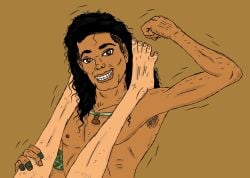 1boy 1boy1girl 1girls 2022 armband armpit_hair black_hair brown_eyes brown_skin celebrity colored_sketch curly_hair dark-skinned_male duo faceless_female fanfiction feet feet_up female flexing grin head_out_of_frame holding_leg implied_nudity implied_sex interracial legs_on_shoulders legs_up light-skinned_female long_hair looking_at_viewer male male/female meme michael_jackson missionary_position mjs_wild_paradise motion_lines musician necklace nude offscreen_character original_character parody real_person seashell sex showing_off sketch straight waist_up