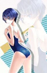 ano_natsu_de_matteru aoyaman ass bad_id bad_pixiv_id blue_eyes blue_hair bob_cut competition_school_swimsuit female one-piece_swimsuit school_swimsuit short_hair solo swimsuit tanigawa_kanna