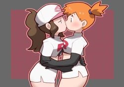 2girls asymmetrical_hair bangs baseball_cap blue_eyes bravefarm2 breasts brown_hair closed_mouth cosplay elbow_gloves embracing enemy_conversion female female_only game_freak gloves green_eyes grey_background hand_on_hip hat headwear highres hilda_(pokemon) hug jessie_(pokemon) jessie_(pokemon)_(cosplay) kasumi_(pokemon) kissing lesbian long_hair looking_at_viewer midriff misty_(pokemon) multiple_girls navel nintendo orange_hair pencil_skirt pokemon pokemon_(anime) pokemon_(classic_anime) pokemon_(game) pokemon_bw pokemon_rgby ponytail print_shirt shirt short_hair side_ponytail simple_background skirt team_rocket team_rocket_grunt team_rocket_grunt_(cosplay) team_rocket_uniform white_skirt yuri