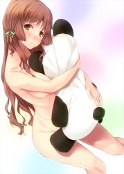 1girls ano_natsu_de_matteru blush breasts brown_hair commentary_request doll_hug female female_only head_tilt highres kitahara_mio long_hair looking_at_viewer matsukawa_(pale_scarlet) nude nude_female object_hug sidelocks small_breasts stuffed_animal stuffed_panda stuffed_toy yellow_eyes