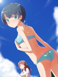 2girls ano_natsu_de_matteru bikini blush commentary_request dutch_angle from_behind from_below kitahara_mio looking_back multiple_girls natsumi_akira short_hair star_(symbol) swimsuit tanigawa_kanna