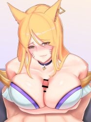 9_tails ahri alternate_costume alternate_hair_color alternate_hairstyle animal_ear_fluff animal_ears animal_girl big_breasts blonde_hair boobjob breasts busty cccco censored cleavage clothing crystal_tail eyelashes eyeliner eyeshadow facial_markings female fluffy fluffy_ears fox fox_ears fox_girl fox_tail huge_breasts humanoid inner_ear_fluff k/da_ahri k/da_series kemonomimi kitsune large_breasts league_of_legends light-skinned_female light_skin lips lipstick long_hair multiple_tails nine_tailed_fox paizuri pale-skinned_female pale_skin pov riot_games tail tip_peeking titjob vastaya video_games yellow_eyes