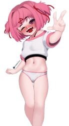 1girls cute doki_doki_literature_club eye_closed fangs female female_only fiera_(artist) looking_at_viewer natsuki_(doki_doki_literature_club) no_pants one_eye_closed open_mouth panties peace_sign pink_eyes pink_hair see-through see-through_clothing see-through_panties see_through smiling smiling_at_viewer solo white_background white_panties white_top