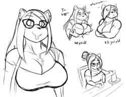 2girls artjwink big_breasts breasts charlotte_(jwinkz) female furry furry_female furry_only glasses jealous jwinkz kaylee_(jwinkz) lion_ears lion_girl lioness long_hair sewing sewing_machine short_hair sisters sketch tongue tongue_out