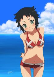 1girls ano_natsu_de_matteru arisawa_chiharu bad_id bad_pixiv_id bikini black_hair blush breasts cleavage cloud collarbone dated day female green_eyes highres looking_at_viewer medium_breasts midriff navel ocean s-yuta short_hair short_hair_female signature sky smile solo swimsuit thigh_gap