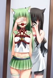 2girls ball_gag belt black_hair bra_strap cat_ears catgirl collar gag gagged green_hair green_skirt haneru long_hair multiple_girls os-tan phone red_ball_gag rope rope_between_breasts rope_bondage school_uniform shorts skirt socks white_shirt