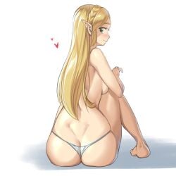 ass blush blush_lines breath_of_the_wild green_eyes heart long_hair looking_at_viewer looking_back monbetsu_kuniharu pointy_ears princess_zelda sideboob sitting the_legend_of_zelda thong zelda_(breath_of_the_wild)