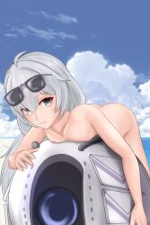 1girls beach completely_nude exhibitionism eyewear_on_head female flat_chest grey_eyes grey_hair long_hair lying_on_stomach no.21 outdoors petite punishing:_gray_raven robot_girl solo sunglasses sunglasses_on_head