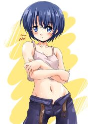 ano_natsu_de_matteru belt blue_eyes blue_hair breasts commentary_request covered_nipples crossed_arms female highres medium_breasts midriff navel nekogoro open_belt pants photoshop_(medium) short_hair solo tanigawa_kanna unzipped vest