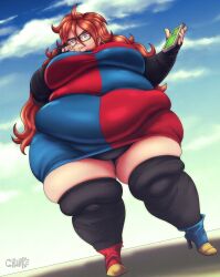 1girls android_21 android_21_(human) bbw belly big_belly big_breasts breasts chunkerchunks dragon_ball dragon_ball_fighterz dragon_ball_z fat female glasses hyper large_breasts obese overweight red_hair solo_female ssbbw thick_thighs wide_hips